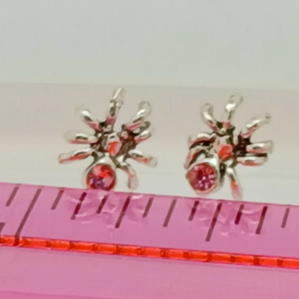 925 Sterling Silver Pink Rhinestone Spider Stud Earrings Arachnid Jewelry
